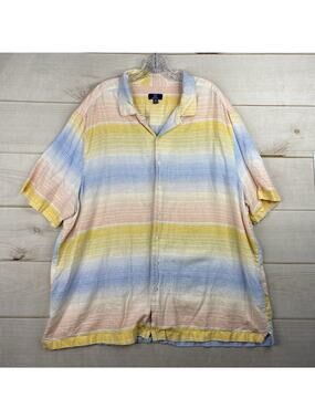 George Shirt Mens 3XL 54-56 Multicolor Pastel Short Sleeve Linen Blend Button Up